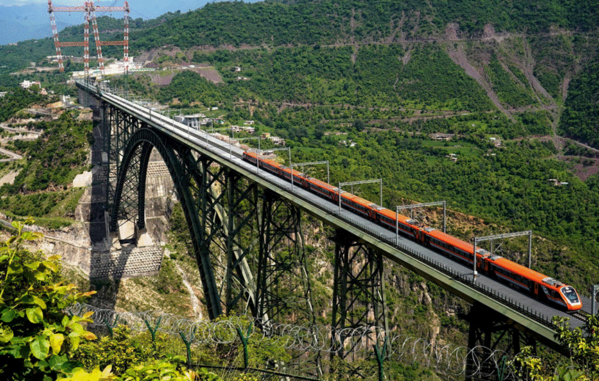 Vande Bharat Express crossing Chenab Bridge in Jammu and Kashmir
